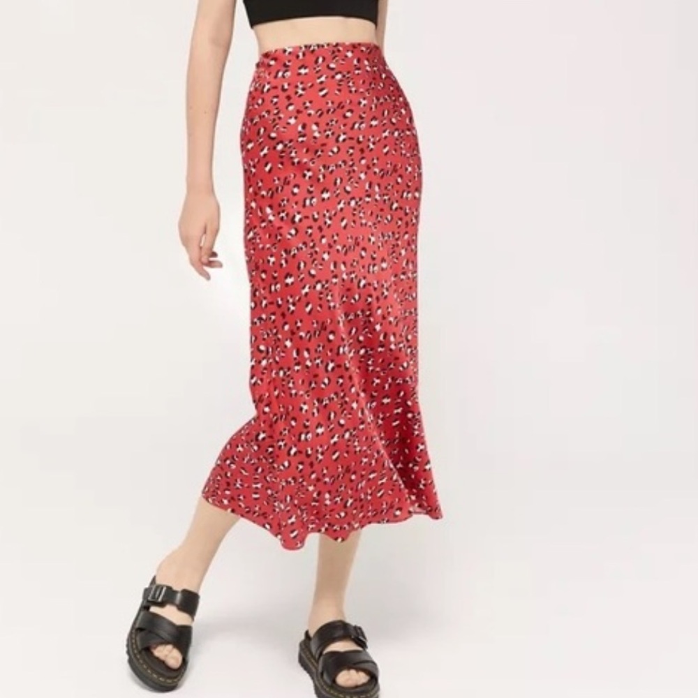 Urban Outfitters Red Leopard Satin Skirt